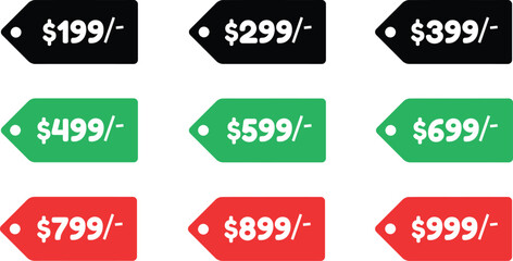 Nine Colorful Price Tags 199 to 999 dollars with Various Dollar Amounts in a Grid, EPS 10.