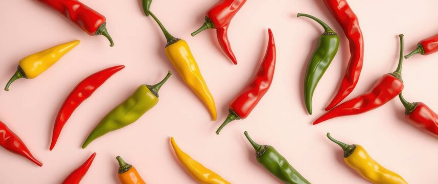 Colorful assortment of chili peppers in red, green and yellow on a pink background. Fresh peppers. - Powered by Adobe