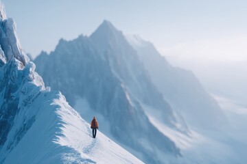 climber in mountain gear stands majestically background blurred representing spirit of adventure