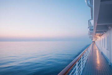 close-up of luxurious cruise ship deck at dusk with minimalistic design and ample copy space on calm sea