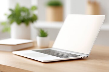 close-up of minimalist home office setup with laptop and notebook perfect for remote work inspiration