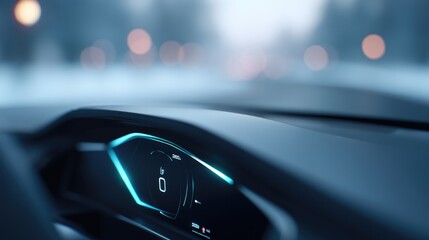 close-up of sleek futuristic vehicle dashboard clean lines and streamlined controls with copy space
