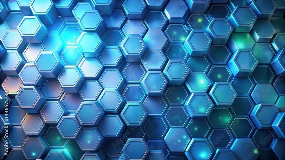 Poster Abstract Blue Hexagonal Grid Structure A Futuristic Technological Background Featuring Interlocking Geometric Shapes with Subtle Illumination Effects