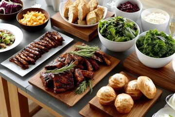 Delicious barbecue spread featuring ribs, salads, bread, and muffins at a gathering in a modern setting