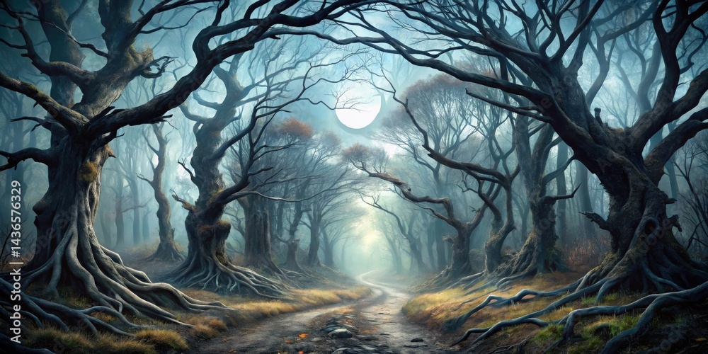 Aufkleber enigmatic forest path under a full moon's gleam, winding through ancient, twisted trees with exposed