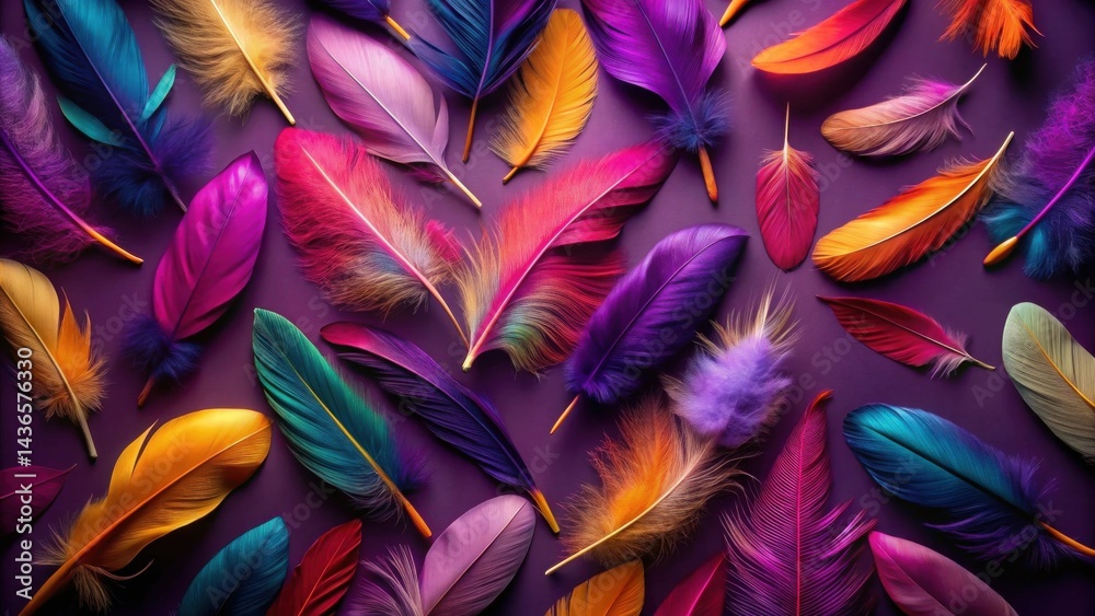 Poster vibrant collection of colorful feathers arranged on a deep purple background, showcasing a spectrum 