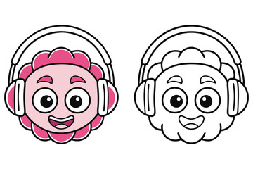 Cheerful Pink Character Wearing Headphones with a Coloring Page Version Beside