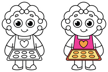 Cartoon Character Holding Cookies, Apron with Heart Shape, Outline and Colored