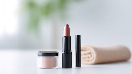 Obraz premium minimalist beauty setup for everyday wear in bright airy room with abundant copy space