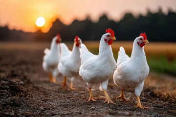 Fototapeta premium Chickens walking along a dirt path at sunset in a rural landscape