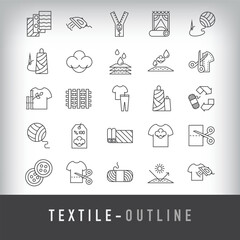 30 linear fill fabric textile simple icon set. Carpet, pattern, webbing, zipper and button design.