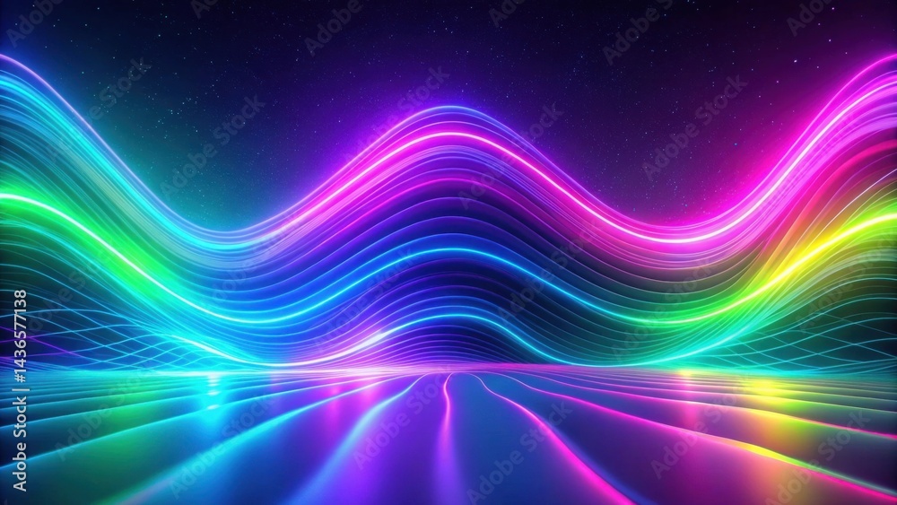 Poster abstract cosmic wavescape vibrant neon lines flowing across a reflective surface under a starry sky