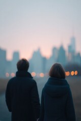 minimalistic photograph of couple holding hands blurred cityscape in background to evoke urban romance