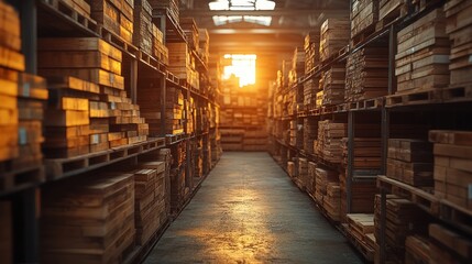 Fototapeta premium Sunlit warehouse aisle with stacked wooden crates