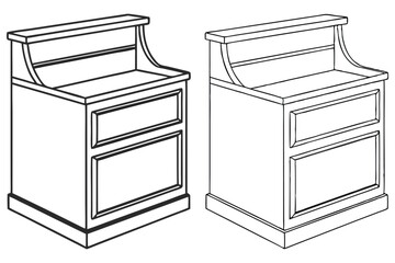 Nightstand Outline Illustration, Two Drawers, Classic Style Furniture, Isolated Line Art