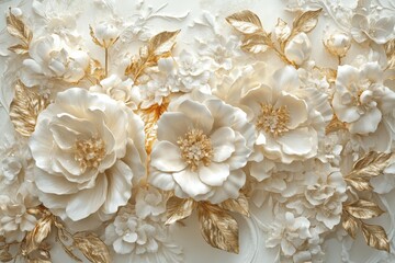 Elegant white floral design with golden leaves in detailed artwork