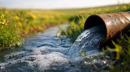 Rusty Pipe Discharging Water into a Lush Green Stream