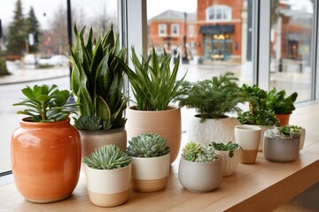 Fototapeta premium Indoor garden display featuring a variety of potted plants on a wooden shelf beside a large window