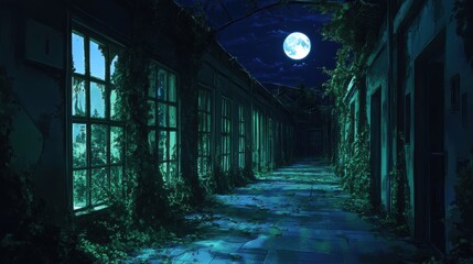 Fototapeta premium Silent magical school corridor with ivy creeping through broken windows, bathed in moonlight, anime style, nighttime