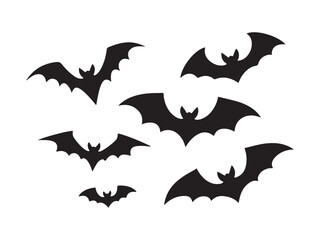 Vector isolated several flying bats in different poses colorless black and white outline silhouette shadow shape. Vector Illustration
