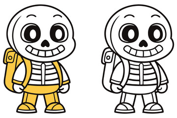 Cartoon Skeleton Character with Backpack, Standing Poses, Outline on White