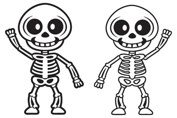 Two Outlined Cartoon Skeletons with Arms Raised on Transparent Background