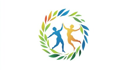 Obraz premium Two figures high-five, nature wreath, white background