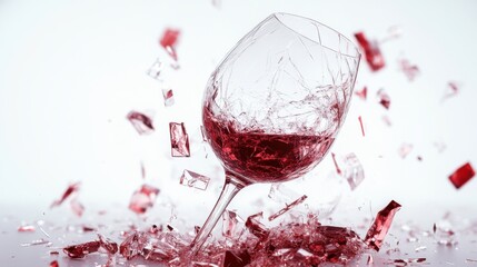 Side view of a shattered wine glass with fragments surrounding it, isolated on white