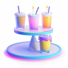 Colorful, vibrant, and playful, three dimensional drinks presented on a stand.