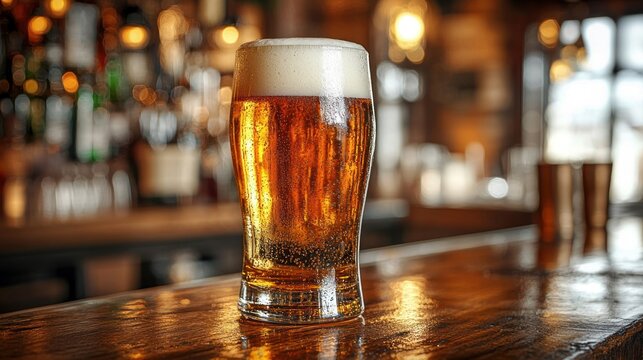 Glass of beer with foam on wooden bar counter in blurred background. - Powered by Adobe