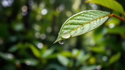 water droplet sitting on top of a green leaf