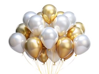white gold birthday balloons isolated on white background PNG