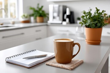 Obraz premium Coffee cup on a kitchen countertop with a notepad and pen surrounded by plants during a sunny morning