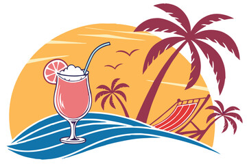 94 Tropical beach icon, vibrant sunset backdrop, palm tree silhouette, refreshing cocktail glass, pink gradient drink, white foam, curvy straw, floating hammock, stylized waves, minimal design, bright