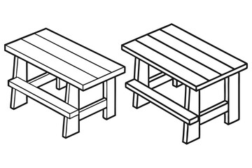 Two monochrome picnic tables with plank tops outlined on white background