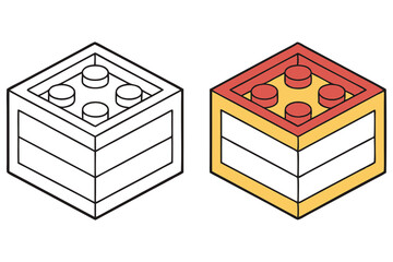 Isometric Toy Blocks in Outline and Colored Versions on White Background