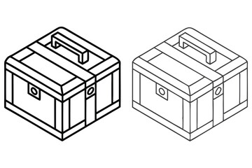 Isometric Black and White Box Line Art Outline Chest Isolated On White Background