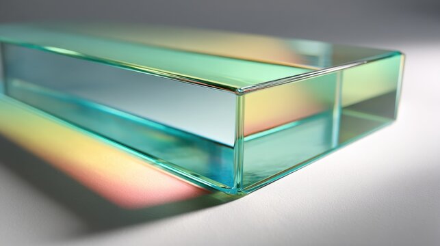 Minimalist abstract glass structure illuminated by surreal teal and pastel rainbow hues reflecting discovery of olo color perfect for futuristic science visuals and conceptual technology backgrounds