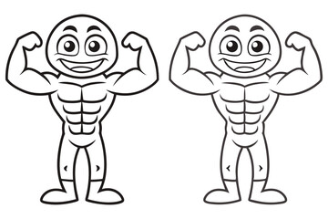 Cartoon character flexing muscles with smiling facial expression black outline