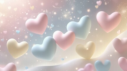 Pastel hearts floating in a dreamy background with soft light and sparkling glitter elements around them