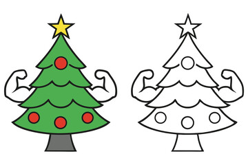 Cartoon Christmas Tree with Muscles, Holiday Season, Illustration, Two Version