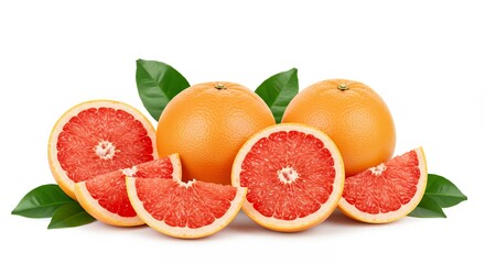 Grapefruit Slices and Whole Fruits with Green Leaves
