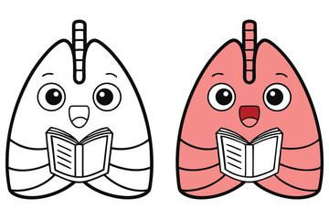 Smiling Lungs Cartoon Holding Book Illustration, Coloring Page Version Included
