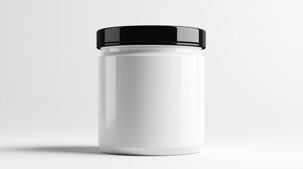 Empty white plastic jar with black lid on plain white background