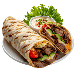 Delicious shawarma wrap cut in half isolated on transparent background