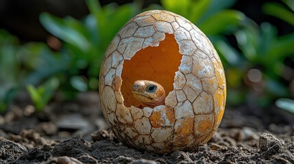 Tiny turtle hatching from cracked egg