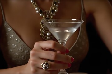 Retro glamour: woman’s hand grasping a martini glass in classic style