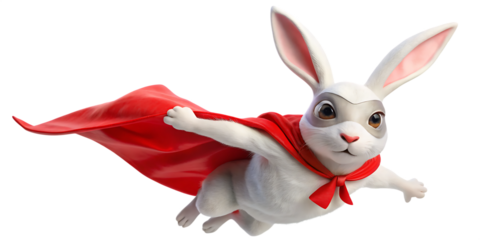 White rabbit superhero wearing red cape and mask flying  isolated on white background PNG