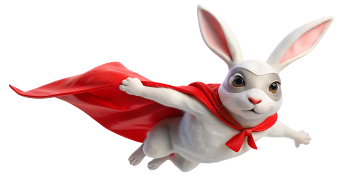 White rabbit superhero wearing red cape and mask flying  isolated on white background PNG