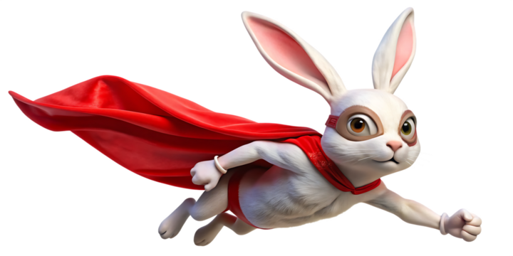 White rabbit superhero wearing red cape and mask flying  isolated on white background PNG